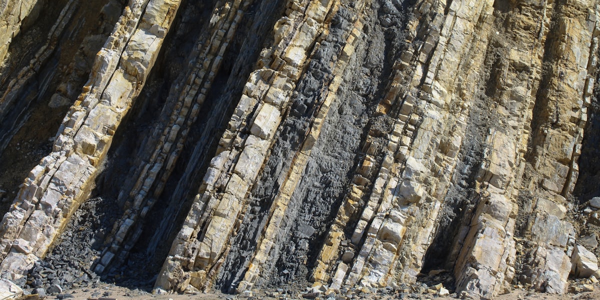 Steeply tilted layers of sedimentary rock