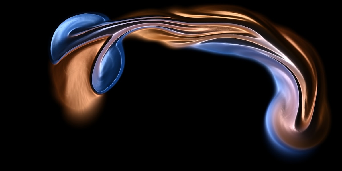 Rendered swirl of blue and orange fluid flow