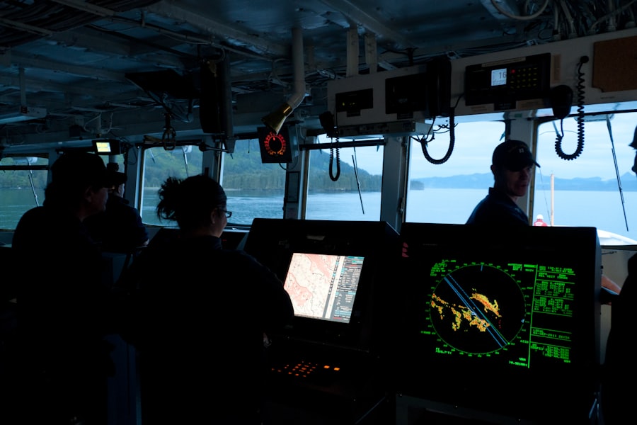 Ship's bridge with sonar and radar screens