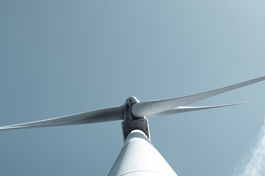Wind turbine blades seen from the tower base